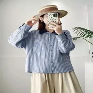 앤트맨 여성용 가을 캐주얼 스트라이프 셔츠 슬림핏 숏 블라우스 OPH3