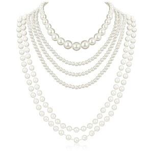 HJZII 6PCS 롱 진주 목걸이 빈티지 우아한 인조 플래퍼 1920년대 액세서리 패션 스트랜드 레이어드 개츠비 의상 주얼리 결혼식 파티 무도회용