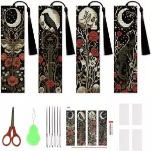 성인 초보자를 위한 NEGEKFKX 4종 플라워 크로스 스티치 북마크 키트 보헤미아 나방 14 CT DIY 스탬프 자수