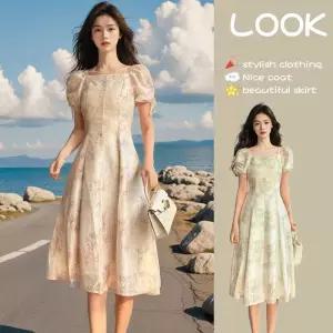 손오천 여성 스커트 원피스 하계 벌룬 스퀘어넥 플라워 데일리룩 스팽글 KUK1