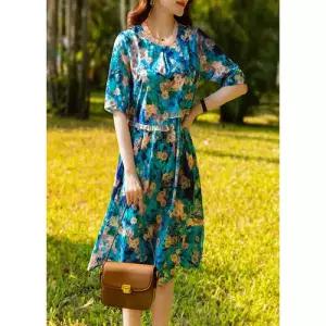 손오천 원피스 스커트 여친 롱 봄가을 에스닉 루즈핏 누에실크 플라워 복고풍 데일리룩 프린트 KUK1