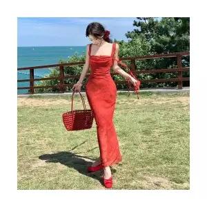 여성 쉬폰원피스 시폰 레드 보카시 백프릴 원피스 바캉스 ADOR1