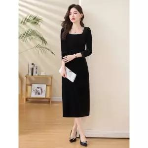 여성용 스커트 치마 롱 가을 벨벳 드레스 긴팔 스퀘어넥 트임 원픽3