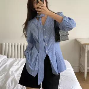 여성용 빈티지 가을 홀터넥 긴팔 작은 브이넥 슬림핏 스트라이프 셔츠 원픽3