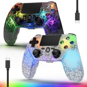 PS4용 2팩 무선 컨트롤러, /Pro /Slim용 LED 백라이트 컨트롤러, 1000mAh 배터리, 더블 쇼크 6축 센서, 조절 가능한 RGB 백라이트, 화이트 블랙