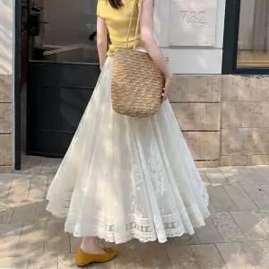 EAMT 여자 스커트 롱 망사 봄 레이스 자수 양면에 슬림핏 플리츠 쉬폰 EUNG1