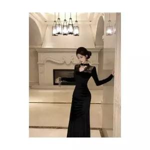 EAMT 여자 쉬폰 스커트 빈티지 레이스 머메이드 드레스 가을 힙업 치파오 롱 EUNG3