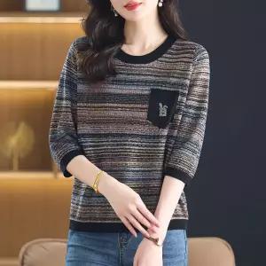 EAMT 니트 여성용 여름 캐주얼 스트라이프 셔츠 티 반팔 상의 쿨링 7부 EUNG1