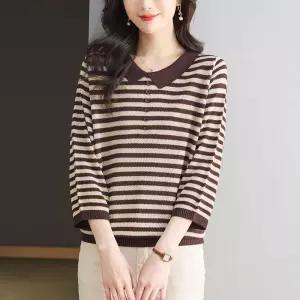 EAMT 여사친 스트라이프 셔츠 칠부 티 봄여름 인형 넥 반팔 상의 EUNG1