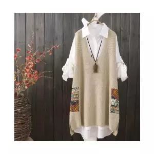 와칸다 여성 여친 베스트 캐주얼 가을 니트 조끼 롱 풀오버 브이넥 에스닉패치 KKE3