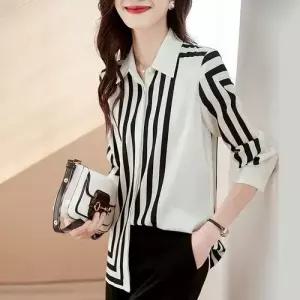 EAMT 여성용 가을 캐주얼 시폰 셔츠 상의 슬림핏 스트라이프 EUNG3