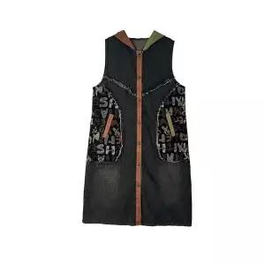 와칸다 여성 여친 베스트 캐주얼 빅사이즈 빈티지 오버핏 데님 조끼 후드 충돌 배색 퍼 코트 KKE1