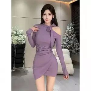 스파이더맨 원피스 스커트 봄 여자 오픈숄더 긴팔 슬림핏 힙업 OPH1