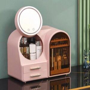 LED 조명 거울 메이크업수납함 보관함 진열대 박스 미니화장대 업그레이드 핑크 액세서리보관