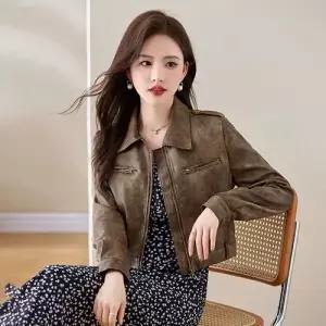 스트레인지 여성용 키작 코트 숏재킷 봄가을 마이야르 PU상의 무스탕 데일리룩 커피색빈티지 가죽 KUK3