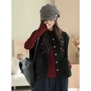 스트레인지 여성 면 캐주얼 가을 빈티지 퀼팅 민소매 라운드 카디건 데일리룩 솔리드 아우터 조끼 KUK3