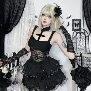 스트레인지 여성용 캐주얼 톱 조끼 홀터넥 다크십자가 데일리룩 나시 레이스 KUK1