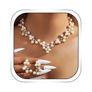 갠지스 진주 목걸이 및 귀걸이 세트 신부 주얼리 웨딩 골드