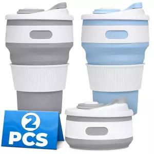 여행용 2팩 재사용 가능 - 12온스 누수 방지 커피 머그컵 실리콘 접이식 하이킹 캠핑 사무실용 휴대용