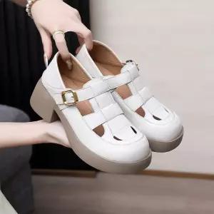 스파이더맨 여성용 빈티지 여름 리얼 펀칭 단화 가보시 로마 샌들 라운드 통굽 플랫 OPH5