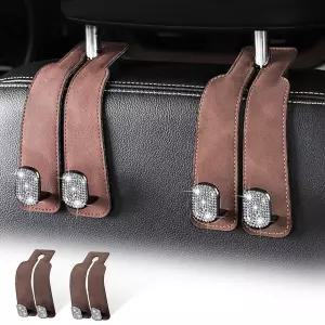 Smeyta 차량용 지갑 후크, 블링 카시트 더블 카 아동용 자동차 가죽 범용 헤드레스트 후크 (블링 브라운, 2