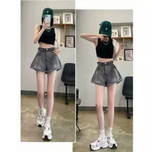 헐크 여성 여친 청반바지 스모크 청 반바지 빈티지 꽃봉오리 허리 롤업 와이드 A라인 팬츠 KKE1