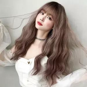 물결펌 긴머리 통가발 애쉬핑크 긴머리통가발 앞머리 여자가발 여성가발