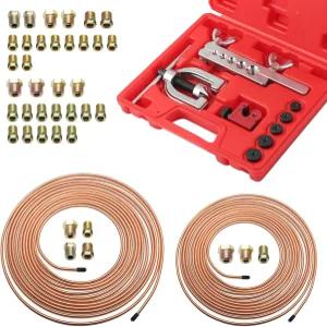 25피트 1/4인치 및 3/16인치 브레이크 라인 키트 32개의 반전 피팅 플레어 공구 구리 도금 수리 포함된