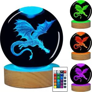 3D 드래곤 램프 야간 조명 선물 리모컨이 있는 16가지 색상의 크리스탈 볼 장식 던전과 위한 판타지 피규어