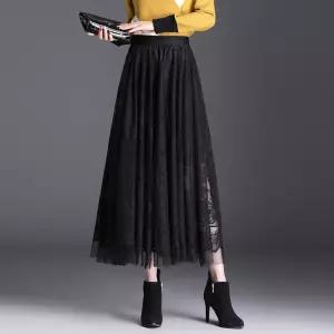 EAMT 치마 롱 여자 하이웨스트 미디엄 A라인 봄가을 펀칭 쉬폰 빅레이스 EUNG1