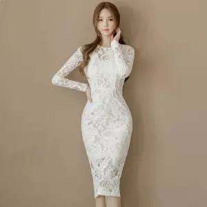 EAMT 원피스 스커트 롱 여성 레이스 펀칭 쉬폰 슬림 힙 EUNG3