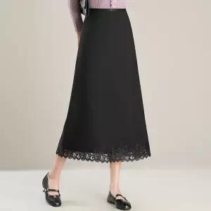 밴널스샵 여성 쉬폰 레이스 슬림핏 블랙 A라인 스커트 가을 오피스룩 하이웨스트 롱 HO3