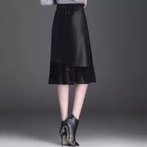 밴널스샵 여성용 치마 가을 레이스 A라인 하이웨스트 힙색 중기장 쉬폰 PU가죽 기장 HO3