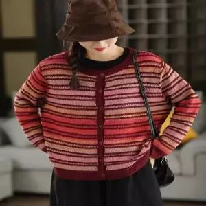 밴널스샵 여성 니트 빈티지 카디건 톱 루즈핏 면사 라운드 배색 스크래치 스웨터 HO1