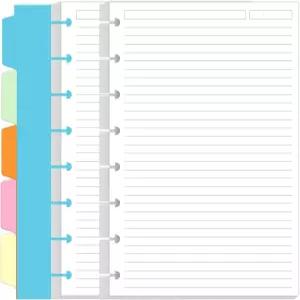 주니어 사이즈 안감 종이 리필 - 100매/200페이지 8디스크 용지 5가지 컬러 시트 분할기 5.8인치 x 8.5인치