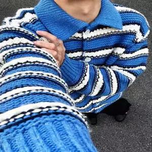 록쉬블몰 니트 남성용 빈티지 칼라넥 스트라이프 카디건 굵은 터틀넥 상의 HO1