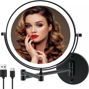 충전식 벽걸이 조명 메이크업 배니티 미러 8인치 양면 1X 10배 확대 욕실 거울 3가지 컬러 터치스크린 디밍