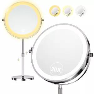 9인치 조명 메이크업 미러 20배의 배니티 3가지 색상 높이 조절 가능한 5000mAh 충전식 360 양면 LED