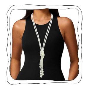 A y 진주 목걸이 긴 스트랜드 레이어드 매듭 넥타이 트렌디한 튬 주얼리 화이트 비즈 여성용