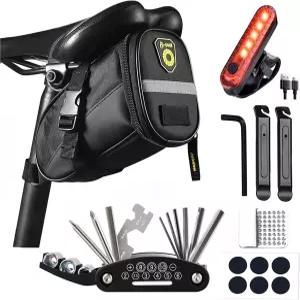 미니 자전거 펌프가 장착된 AaiLucky 수리 도구 키트 테일 라이트가 안장 가방 16-in-1 멀티툴 로드 MTB