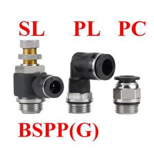 BSPP 10 12MM PC 압축기 PL 스로틀 공압 피팅 엘보 연결 파이프 공기 밸브 SL