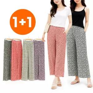 [1+1] 8부 셔링 플라워 플리츠 쿨팬츠 아이스 냉감 여름 여성 꽃무늬 촌캉스 주름 바지