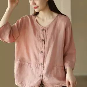 EAMT 여사친 빈티지 셔츠 모시 솔리드 쌍지 칠부소매 얇은 앤티크 루즈핏 카디건 상의 YJ5