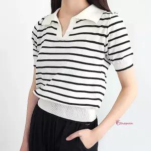 여성시원한니트 여름 티 반팔니트 카라 크롭 여자 스트라이프티zab647