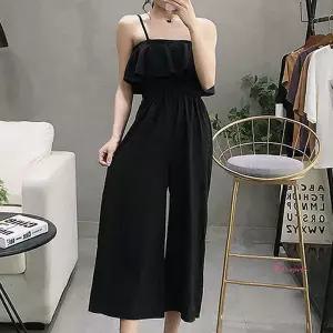 여자긴바지 프릴 디자인 끈나시점프수트 밴딩 허리 비치 슈트 스모크 슬림 여성 여행룩 여름 팬츠 휴양지pq