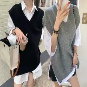 여자 레이어드 조끼 옆트임 롱 오버핏 브이넥 베스트 aEV5+4moy