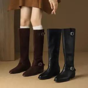 엘럽 롱 여성용 스틸레토 부츠 라운드 통굽 소 스트랩 슬림핏 롱부츠 스트레이트 가죽 원템5