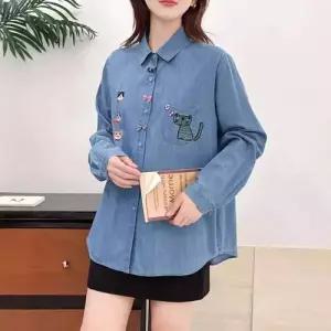 데님 여성용 봄 캐릭터 칼라 자수 싱글 블레이저 무지데님 셔츠 CH1