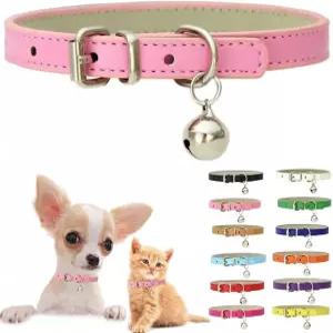 벨이 달린 핑크 XXS 고양이 목걸이 부드러운 퓨 가죽 강아지 조절 가능한 버클 XS 엑스트라 스몰 미디엄