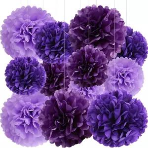 BRZIKWT 12개 보라색 믹스 티슈 페이퍼 폼 파티 천장 벽걸이 플라워 장식 8 10 12 인치
